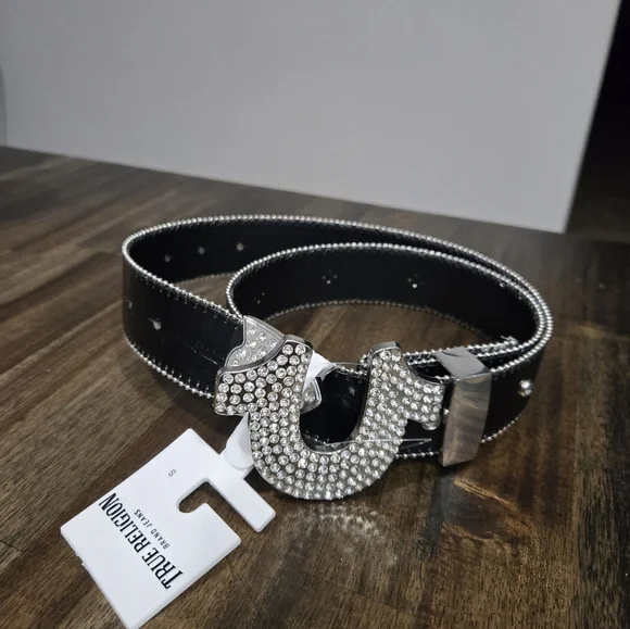 NWT True Religion Black Moc Croc Rhinestone Horseshoe Belt